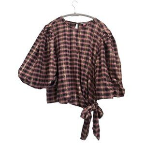 Vince Camuto Metallic Stripe Plaid Puff Sleeve Top Womens XL Black Tie Front Bow